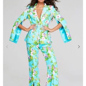 JVN by Jovani Floral Boot Cut Jumpsuit - Blue and Pink